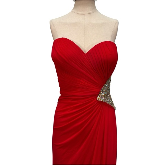 La Femme Strapless Rhinestone Embellished Cut Out High Slit Maxi Dress Red - Picture 4 of 13